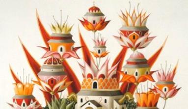 painting of cartoonish heads on flowers